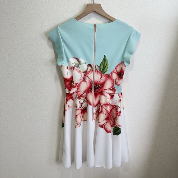 Ted Baker Dress Womens 2 Mint Pastel Scuba Knit Floral‎ Fit Flare Feminine Event - Picture 6 of 16